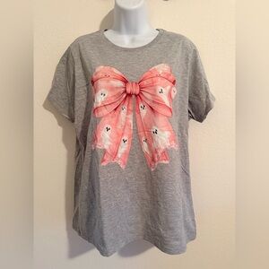 NWOT Port and Company Gray Tee with Pink Bow and Ghosts